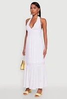 Womens Elegant Gauze Knit Halter Neck Tiered Dress, White, Size S