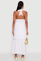 Womens Elegant Gauze Knit Halter Neck Tiered Dress, White, Size S