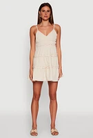 Womens Chic Gauze Knit Sleeveless Tiered Dress, Beige,