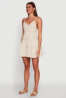 Womens Chic Gauze Knit Sleeveless Tiered Dress, Beige,