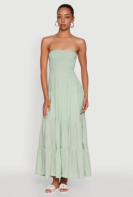 Womens Elegant Strapless Smocked Tiered Dress, Green, Size XL