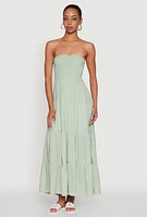 Womens Elegant Strapless Smocked Tiered Dress, Green, Size XL