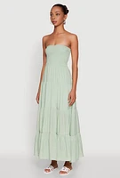 Womens Elegant Strapless Smocked Tiered Dress, Green, Size XL