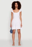 Womens Gauze Knit Smocked Skater Dress, White, Size L