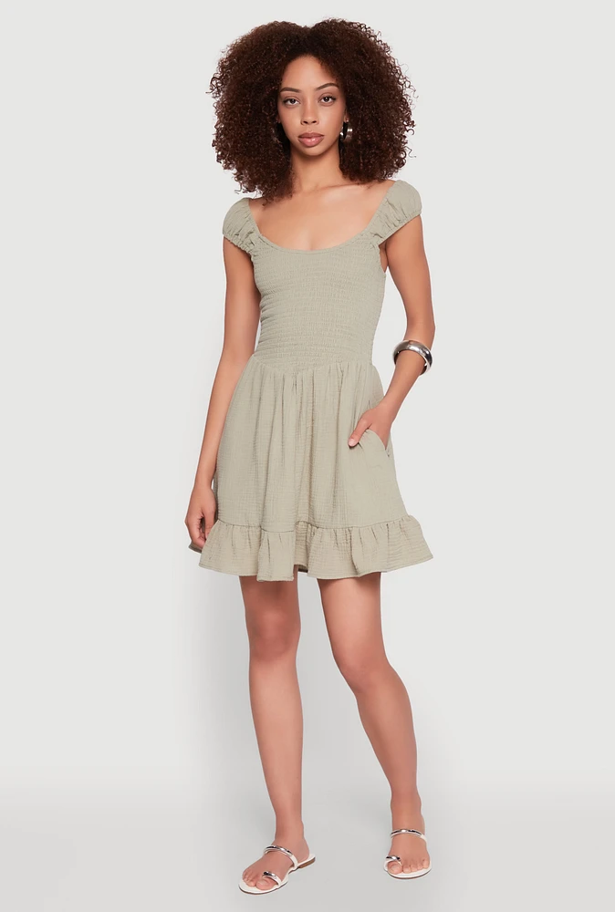 Womens Gauze Knit Smocked Skater Dress, L