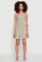 Womens Gauze Knit Smocked Skater Dress, L