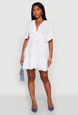 Womens Gauze Knit Plunge Tiered Mini Dress, White,