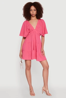 Womens Gauze Knit Plunge Tiered Mini Dress, Pink,