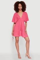 Womens Gauze Knit Plunge Tiered Mini Dress, Pink,