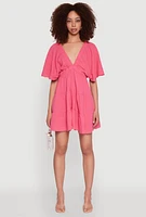 Womens Gauze Knit Plunge Tiered Mini Dress, Pink,