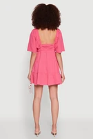 Womens Gauze Knit Plunge Tiered Mini Dress, Pink,