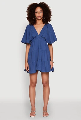 Womens Gauze Knit Plunge Tiered Mini Dress, Blue, Size S