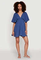 Womens Gauze Knit Plunge Tiered Mini Dress, Blue, Size S