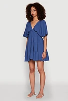 Womens Gauze Knit Plunge Tiered Mini Dress, Blue, Size S