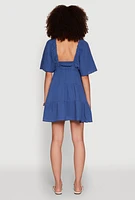 Womens Gauze Knit Plunge Tiered Mini Dress, S