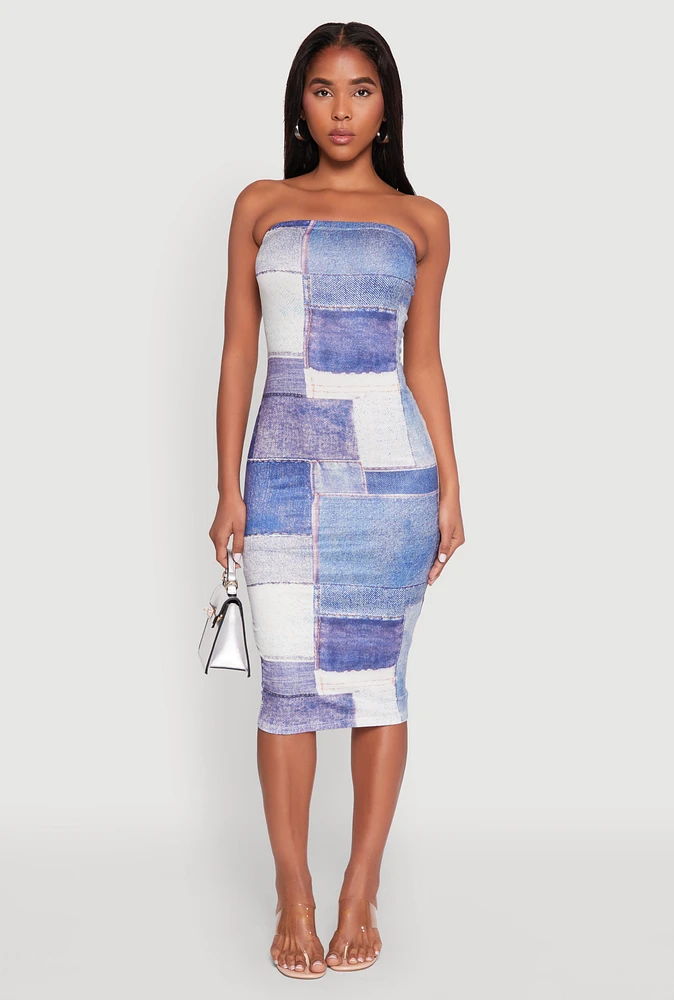 Womens Denim Patch Graphic Tube Midi Dress, Blue,