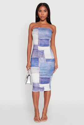 Womens Denim Patch Graphic Tube Midi Dress, Blue,