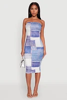 Womens Denim Patch Graphic Tube Midi Dress, Blue,