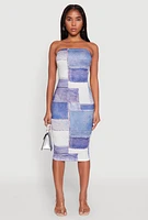 Womens Denim Patch Graphic Tube Midi Dress, Blue,