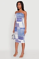 Womens Denim Patch Graphic Tube Midi Dress, Blue,