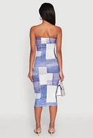 Womens Denim Patch Graphic Tube Midi Dress, Blue,