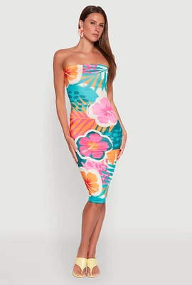 Womens Tropical Floral Print Tube Dress, Multi, Size L