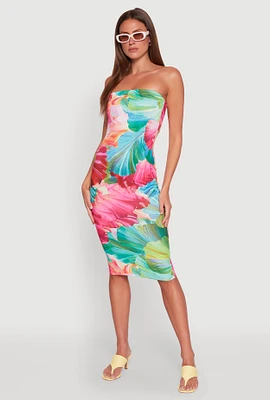 Womens Abstract Tropical Floral Print Tube Dress, Multi, Size L