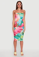 Womens Abstract Tropical Floral Print Tube Dress, Multi, Size L