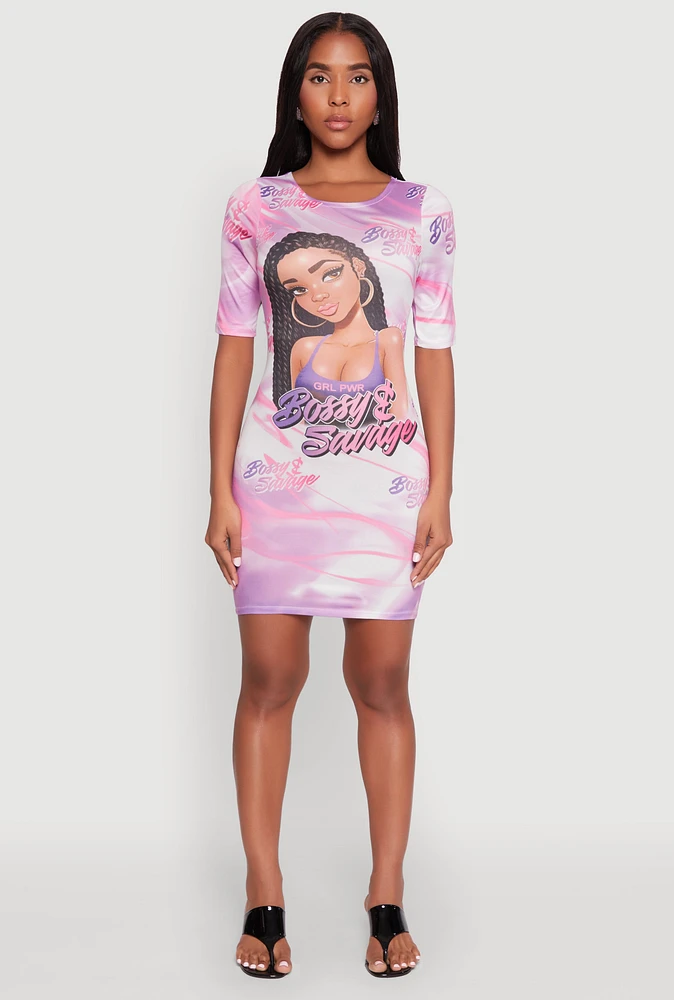 Womens Bossy and Savage Graphic T Shirt Dress, Pink,