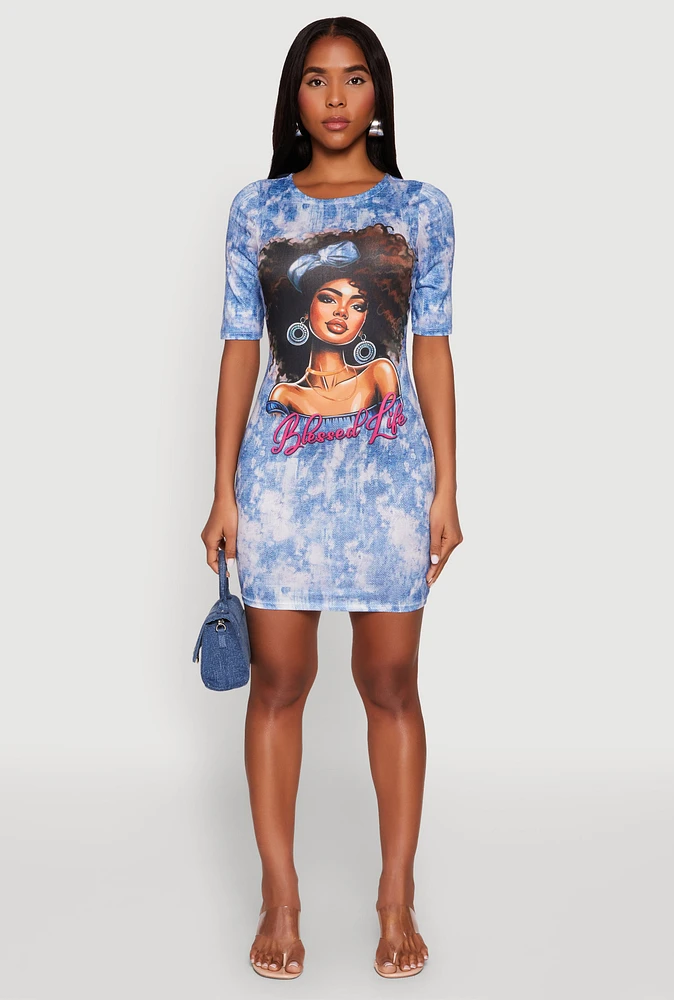 Womens Blessed Life Graphic T Shirt Dress, Blue, Size M