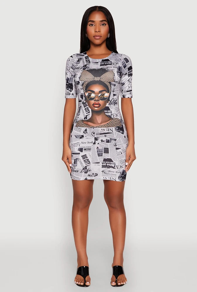 Womens Newspaper Girl Graphic Print Dress, Multi, Size S