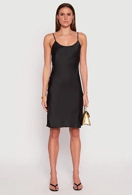 Womens Satin Side Slit Cami Slip Dress, Black, Size S