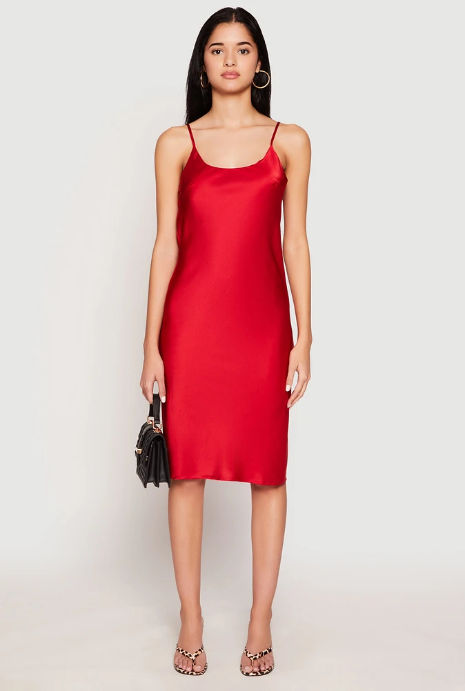 Womens Satin Side Slit Cami Slip Dress, Red, Size S
