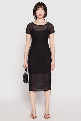 Womens Mesh Short Sleeve Midi Dress, Black, Size M