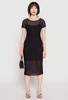 Womens Mesh Short Sleeve Midi Dress, Black, Size M