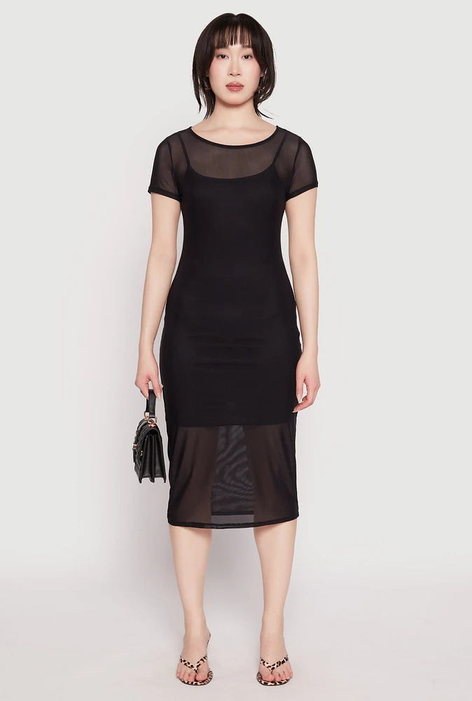 Womens Mesh Short Sleeve Midi Dress, Black, Size S