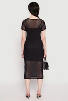 Womens Mesh Short Sleeve Midi Dress, Black, Size M