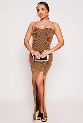 Womens Shadow Striped Bustier Maxi Dress, Brown, Size M