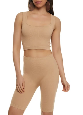 Womens Seamless Square Neck Cropped Tank Top and Biker Shorts, Beige, Size S-M