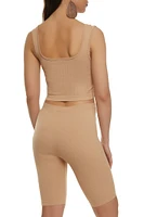 Womens Seamless Square Neck Cropped Tank Top and Biker Shorts, Beige, Size S-M