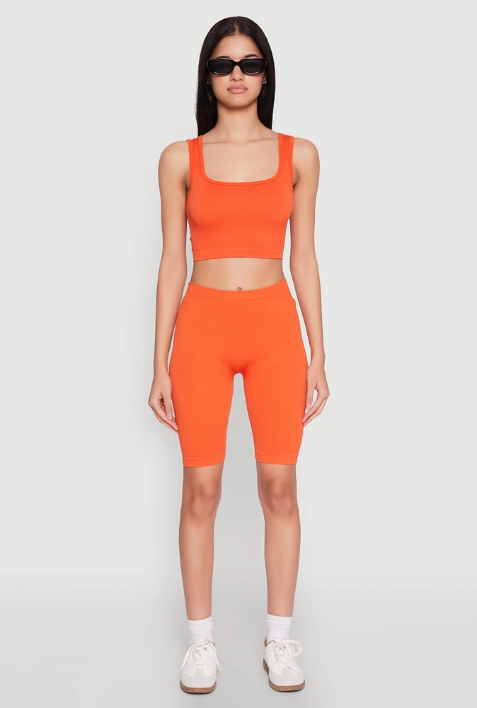Womens Seamless Square Neck Crop Top and Biker Shorts, Orange, Size S-M