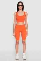 Womens Seamless Square Neck Crop Top and Biker Shorts, Orange, Size S-M