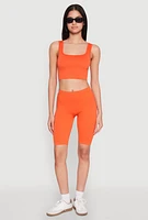 Womens Seamless Square Neck Crop Top and Biker Shorts, Orange, Size S-M