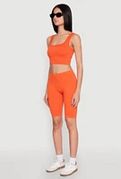Womens Seamless Square Neck Crop Top and Biker Shorts, Orange, Size S-M