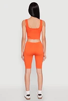 Womens Seamless Square Neck Crop Top and Biker Shorts, Orange, Size S-M