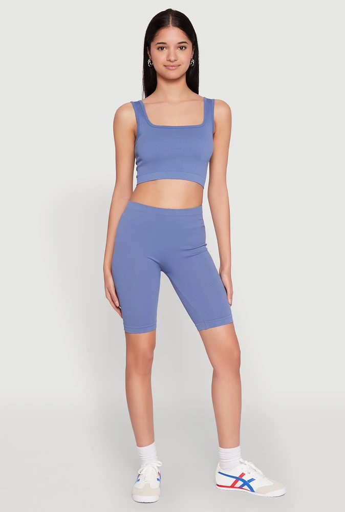 Womens Seamless Square Neck Crop Top and Biker Shorts, Blue, Size L-XL