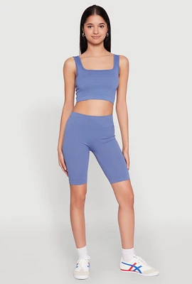Womens Seamless Square Neck Crop Top and Biker Shorts, Blue, Size L-XL