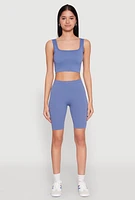 Womens Seamless Square Neck Crop Top and Biker Shorts, Blue, Size L-XL