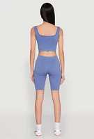 Womens Seamless Square Neck Crop Top and Biker Shorts, Blue, Size L-XL