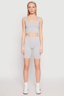 Womens Seamless Ribbed Knit Tank Top and Biker Shorts, Grey, Size L-XL